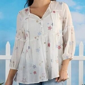 Hope Springs Layered Star Embroidered Top Size S Flowy Lightweight Boho Babydoll
